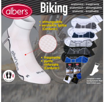 Ciorapi pentru ciclism din microfibra si Cordura - alber's BIKING. Au forma anatomica (dupa forma piciorului stang si drept). Tesatura tip plasa permite piciorului sa respire si elimina transpiratia