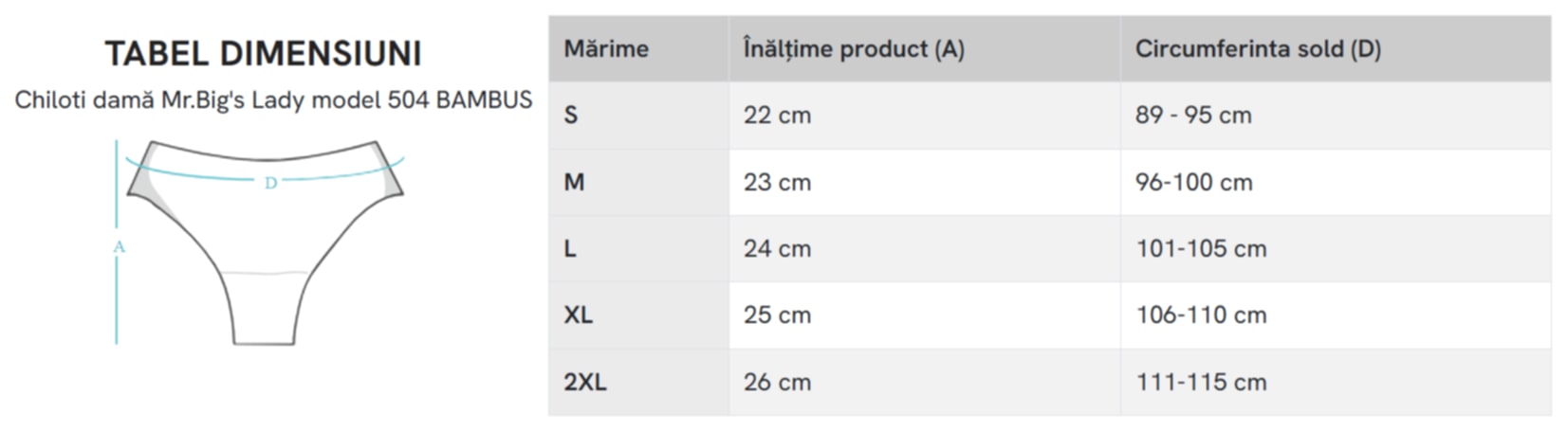 Tabel masuri Chilot Bambus Mr. Big Tabel masuri chilot dama bambus