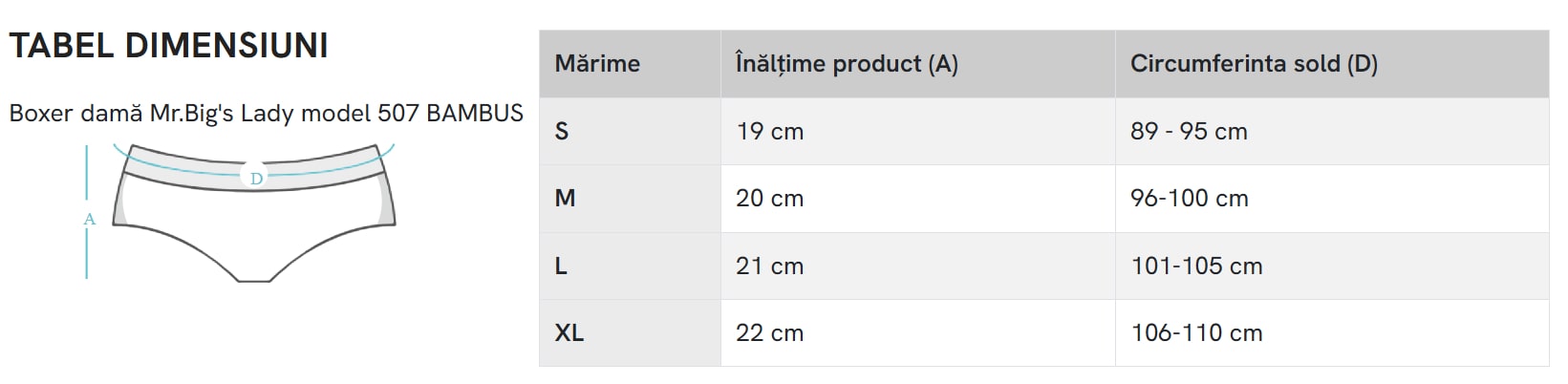 Tabel masuri Boxer dama Mr. Big 507 Tabel masuri boxer 507