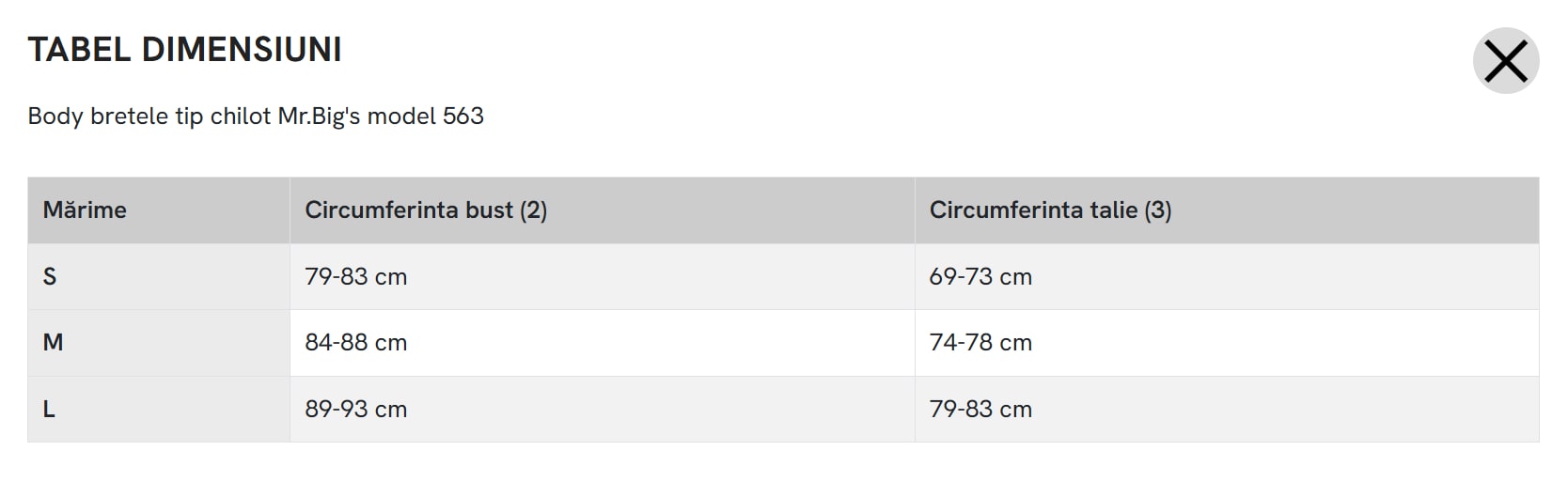 Tabel masuri Mr. Big